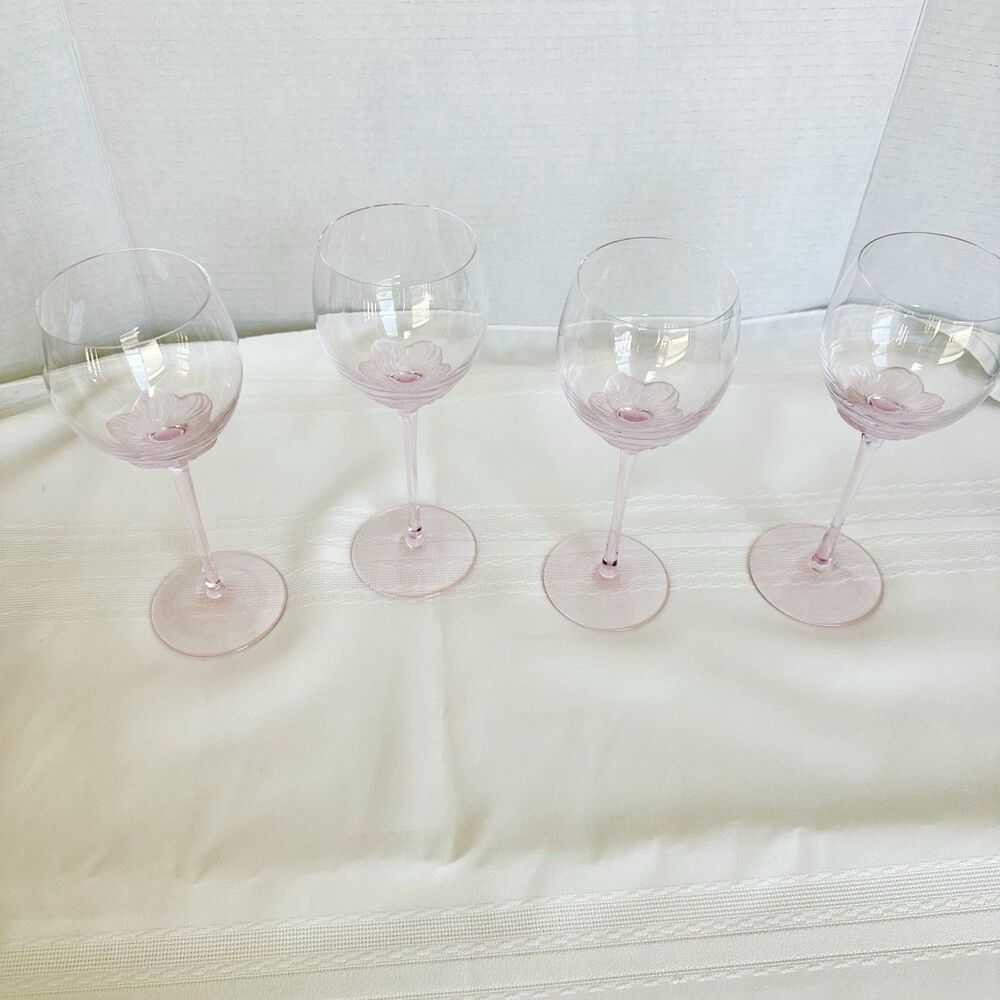 Lot 4 SASAKI Printemps Pink Flower Stem Water Goblets 8 5/8" Tall Japan